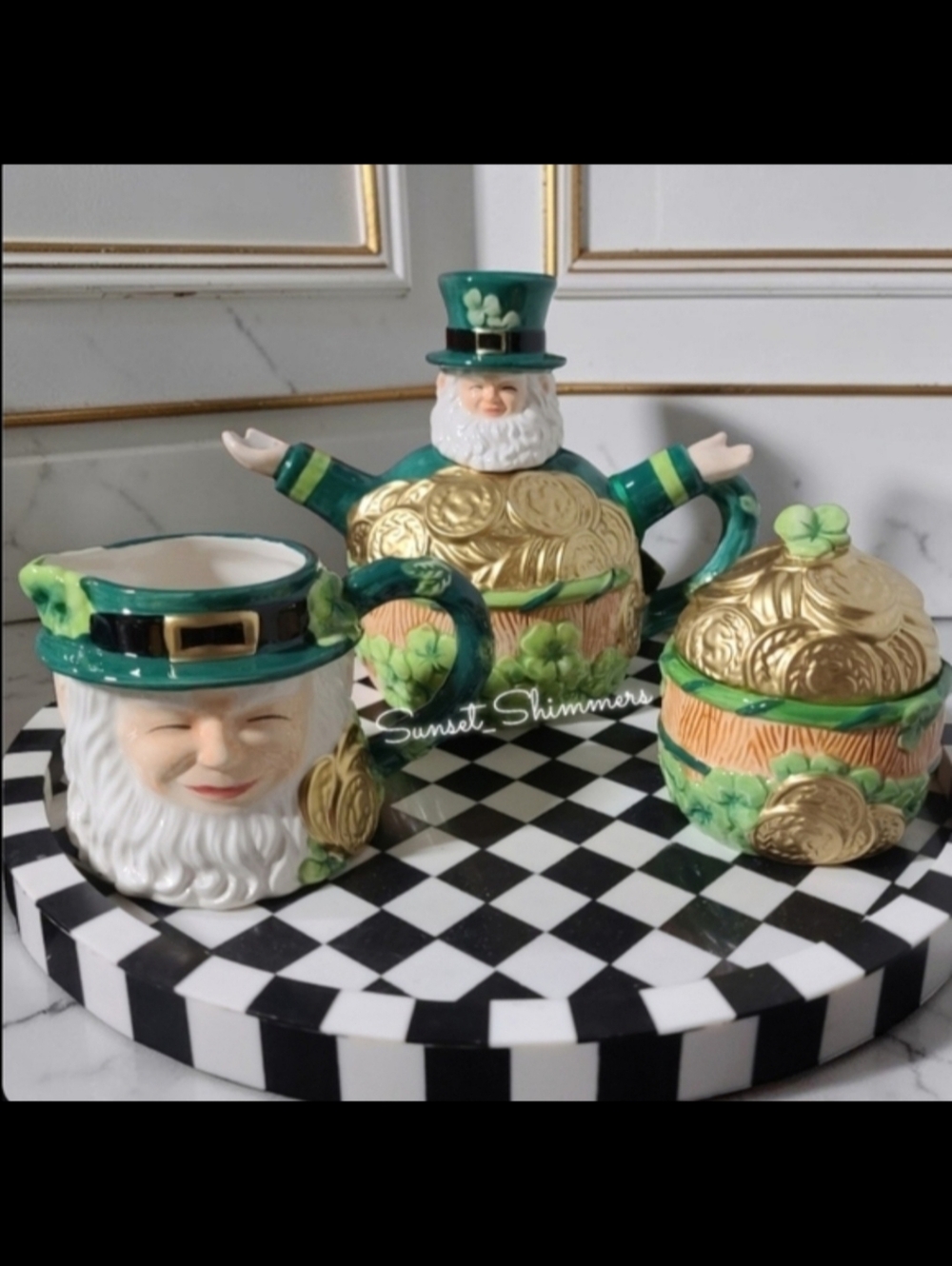 3pc St Patrick's Day Lucky Shamrock Leprechaun Pot O' Gold Teapot Sugar Creamer